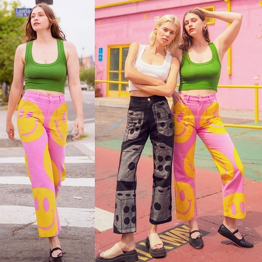BIG BUD PRESS 90s Hand Paint Stamped Smiley‎ Print High Rise Icon Work Pants XXS